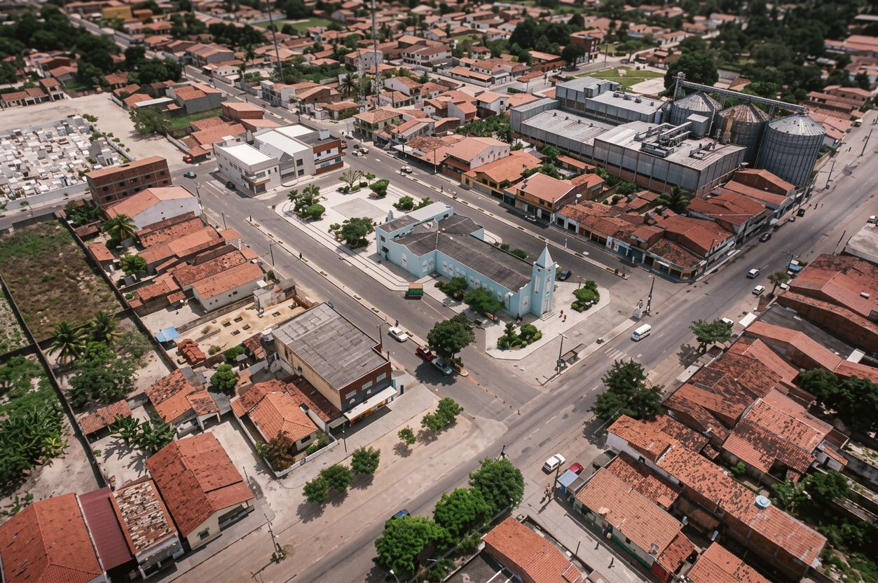 Vista aérea do Centro de Horizonte, com a igreja matriz e o comércio