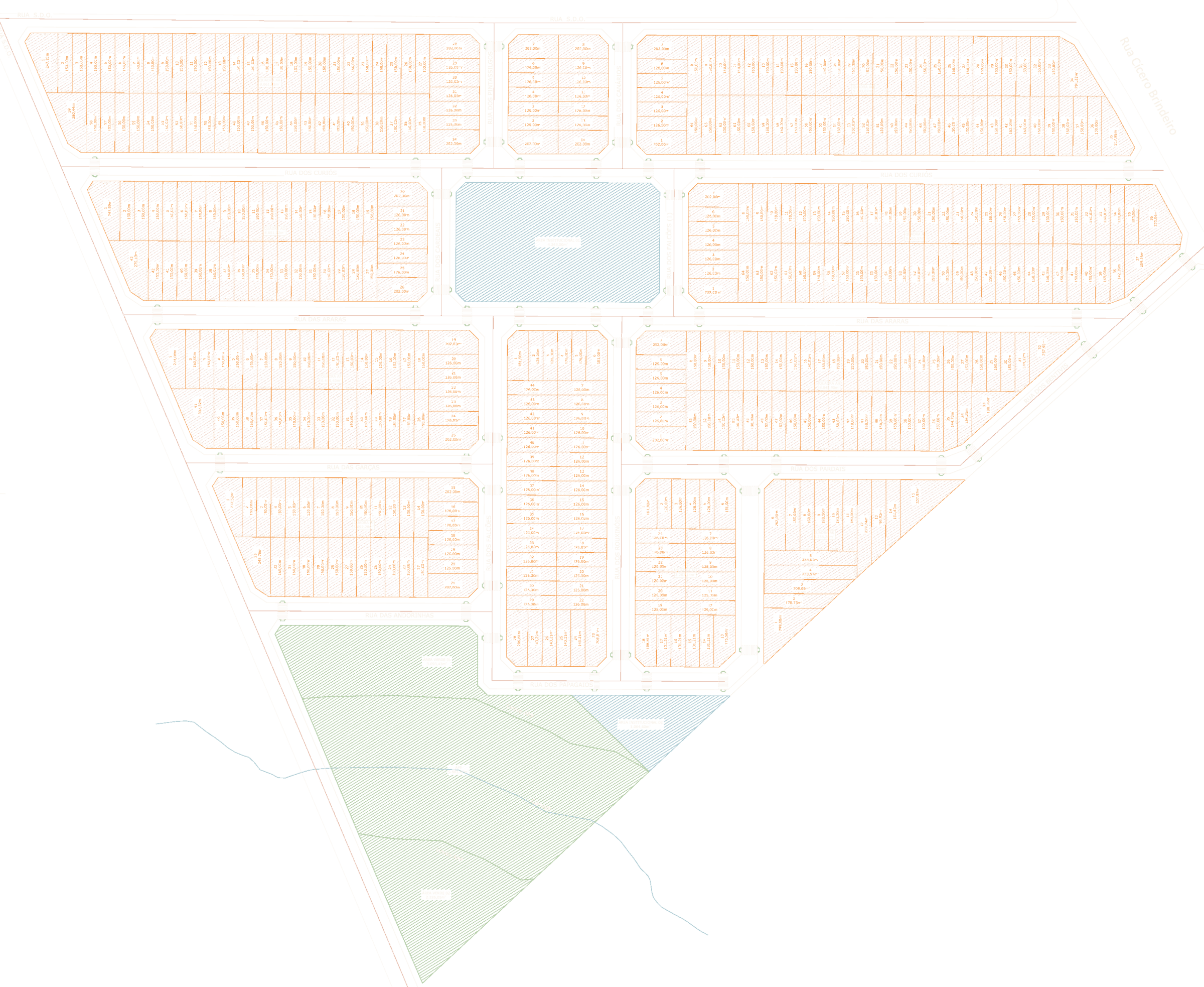 Planta de implantação do Villa Dourados com quadras, ruas, áreas verdes e área de preservação
