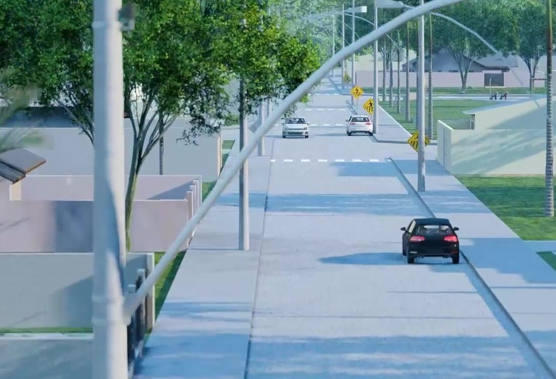 Rua pavimentada com calçadas, postes de iluminação e árvores